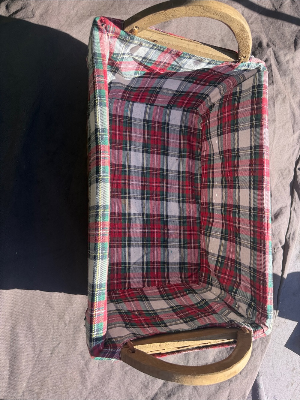 Plaid Fabric Storage Basket with Wooden Handles - Red & Green